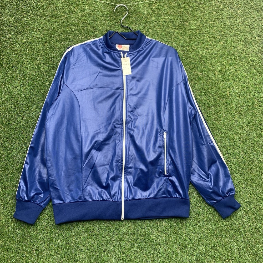 Vintage Sears Track Jacket Mens Large Blue Full Zip Up 70s Disco Hippie NWT